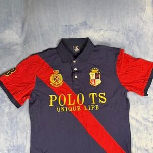 Tusuo Navy blue and red striped polo shirt with embroidered logo. Men Size: XL
